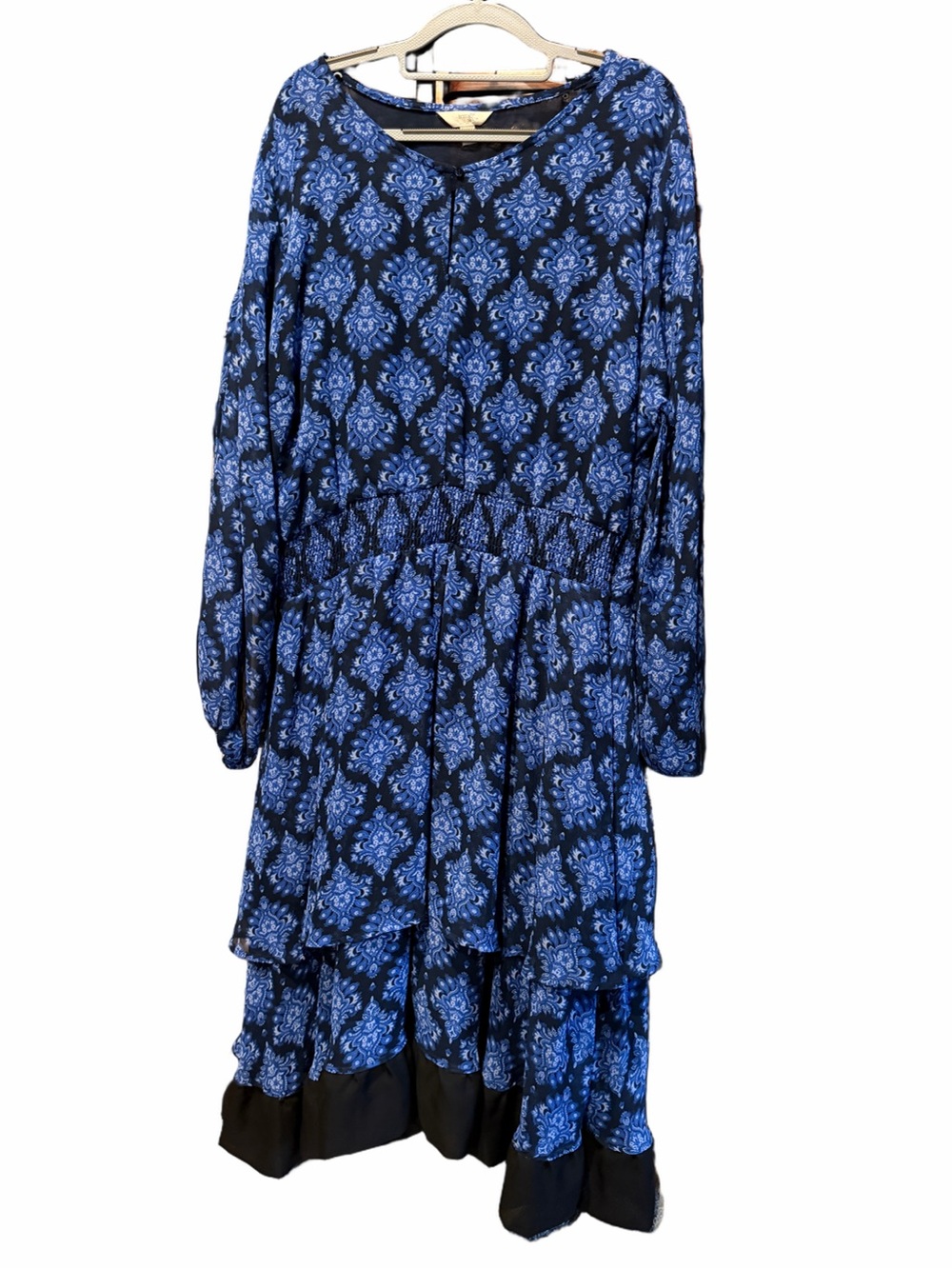 Terra & Sky Blue Patterned Long Sleeve Tiered Sheer Dress